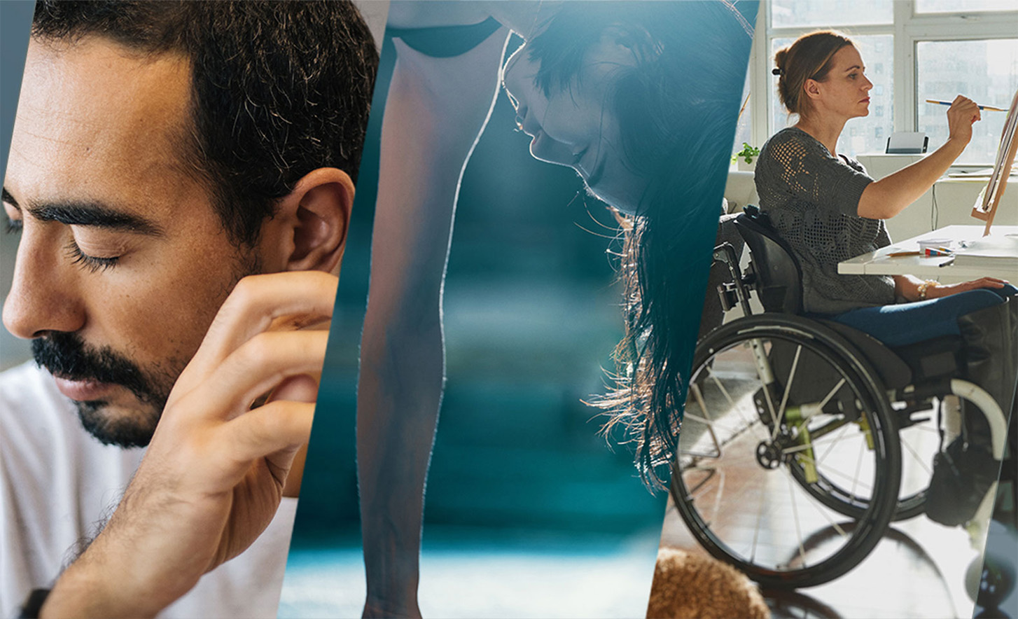 Drei miteinander verbundene Bilder: eine Person mit geschlossenen Augen; eine Person, die einen Handstand macht, und eine Person im Rollstuhl, die auf einer Leinwand malt.