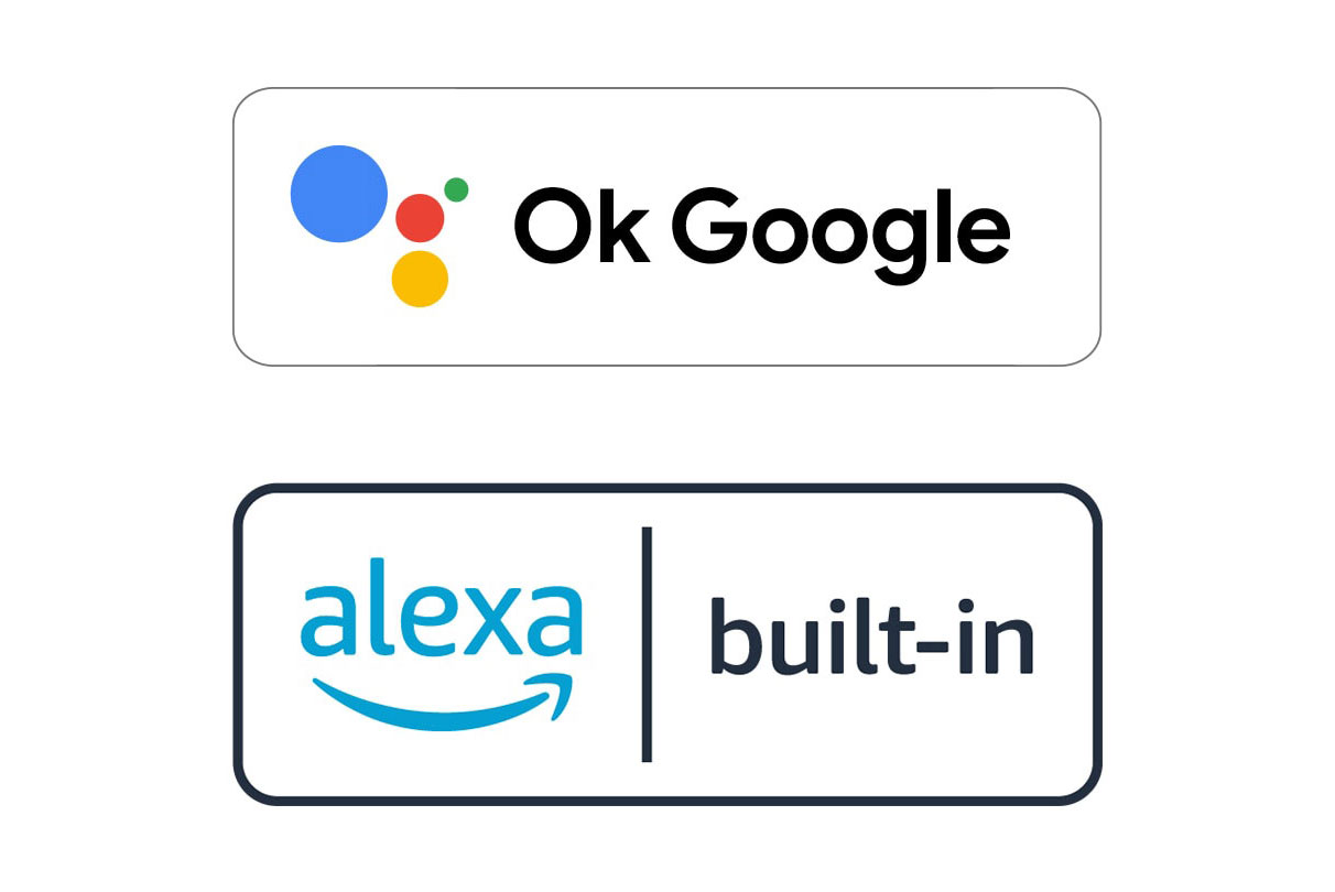Bild eines „OK Google“-Logos und eines „Alexa built-in“-Logos