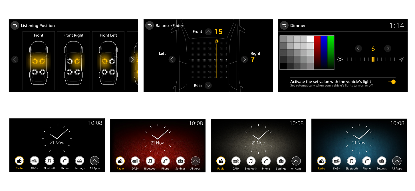 Bild von mehreren Benutzeroberflächen auf dem Display des XAV-9550ES und ihren Optionen
